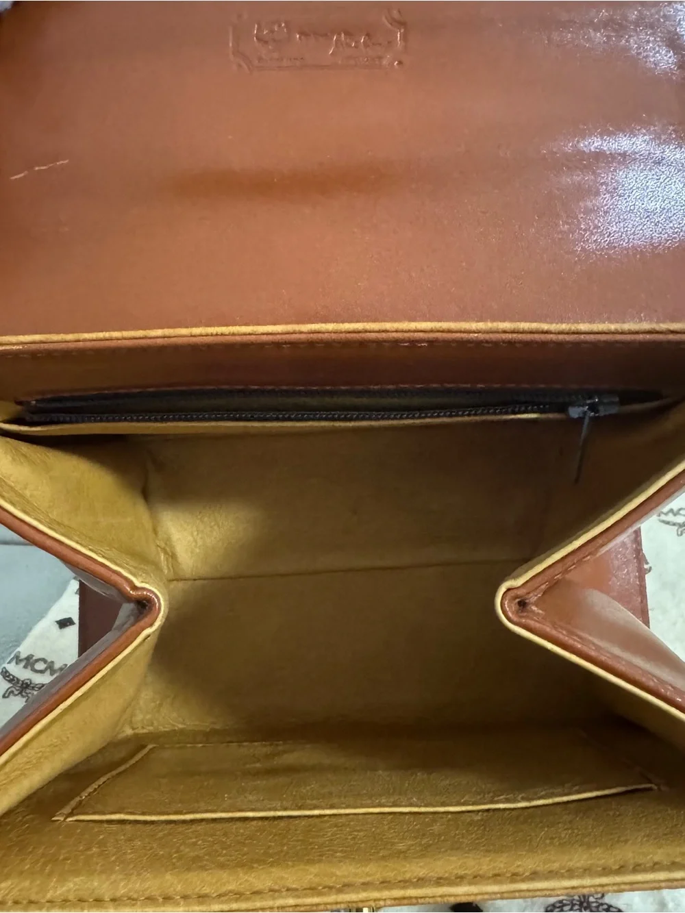 MCM Brown Kelly Cognac Visetos Top Handle Satchel with Gold Hardware